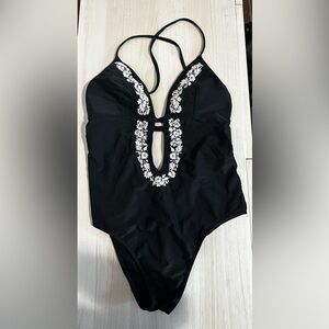 Abercrombie & Fitch Black One-Piece Swimsuit with White Floral Embroidery